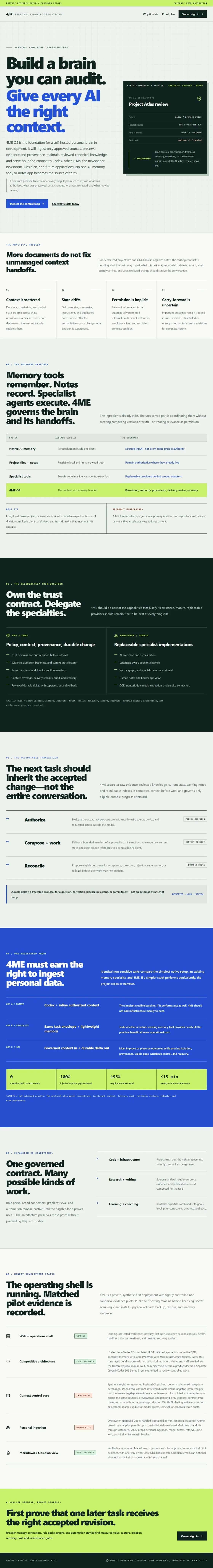 Full 4ME OS public landing page, including its context workflow, trust contract, research status, and footer