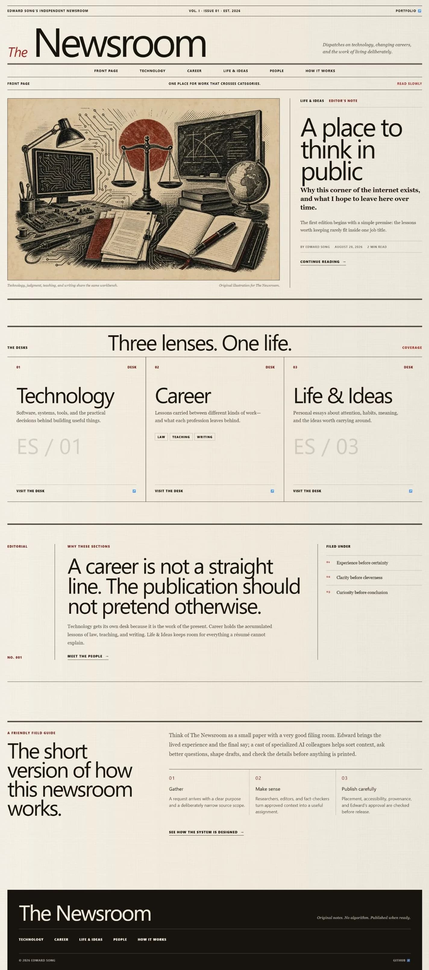 Full Newsroom front page, from the masthead and original illustration through its editorial desks, field guide, and footer