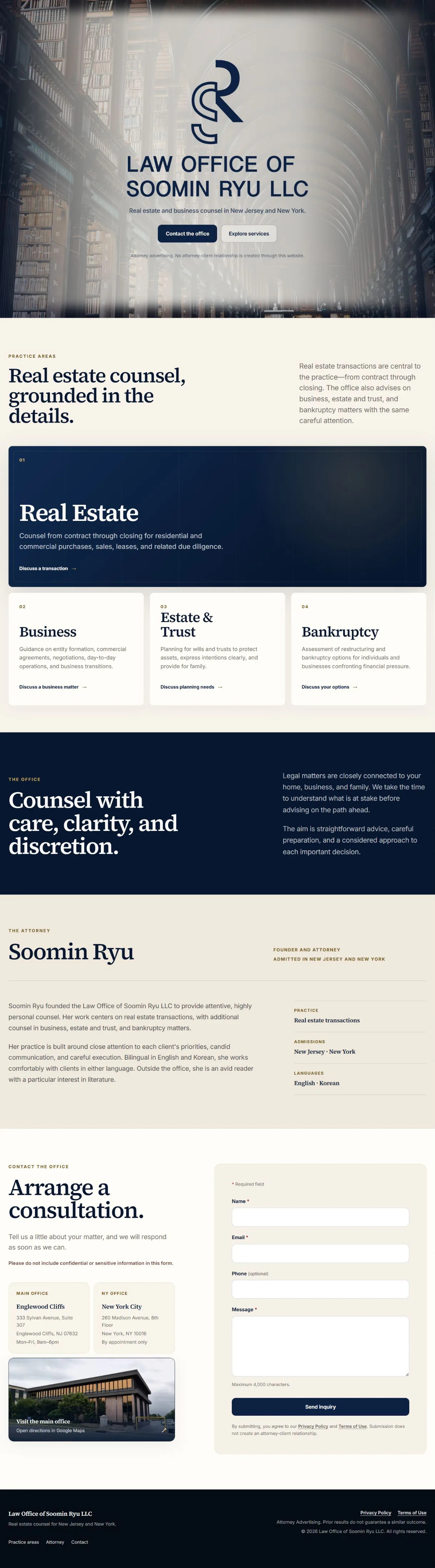 Full Ryu Legal production homepage, from the opening practice overview through services, office information, and contact form