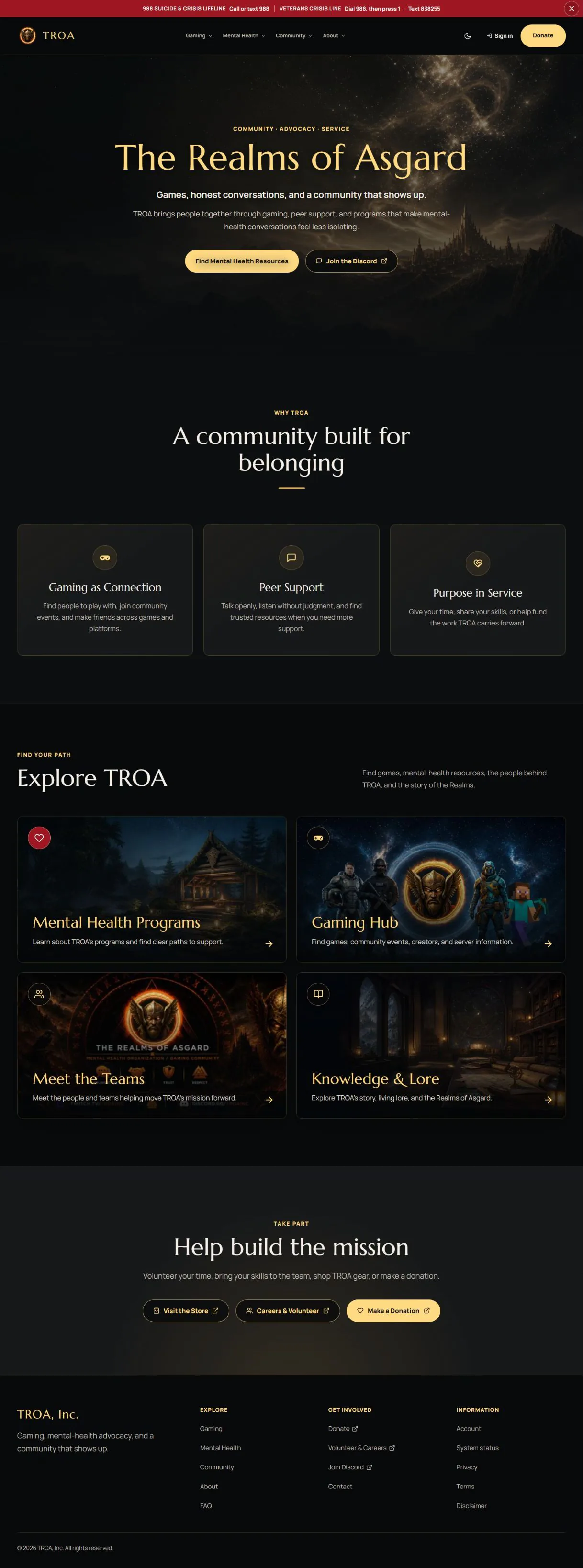 Full TROA V3 public platform homepage, from its opening introduction through the footer